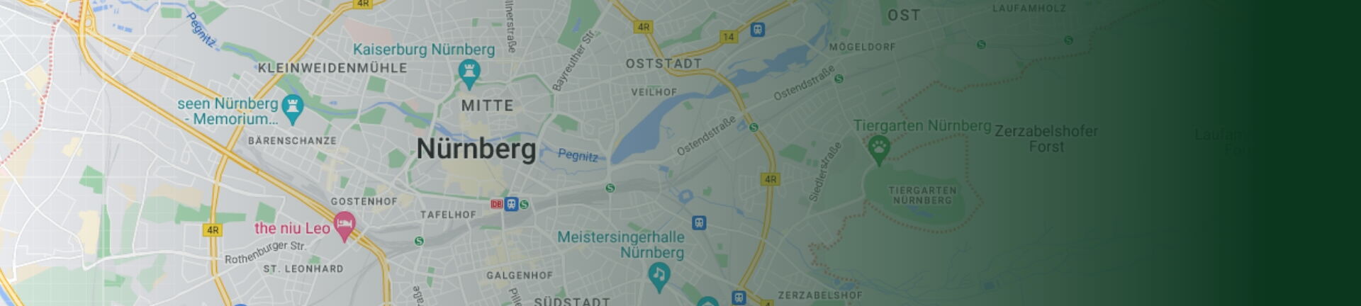 Ausschnitt der Landkarte der Stadt Nürnberg mit Stadtkern im Zentrum