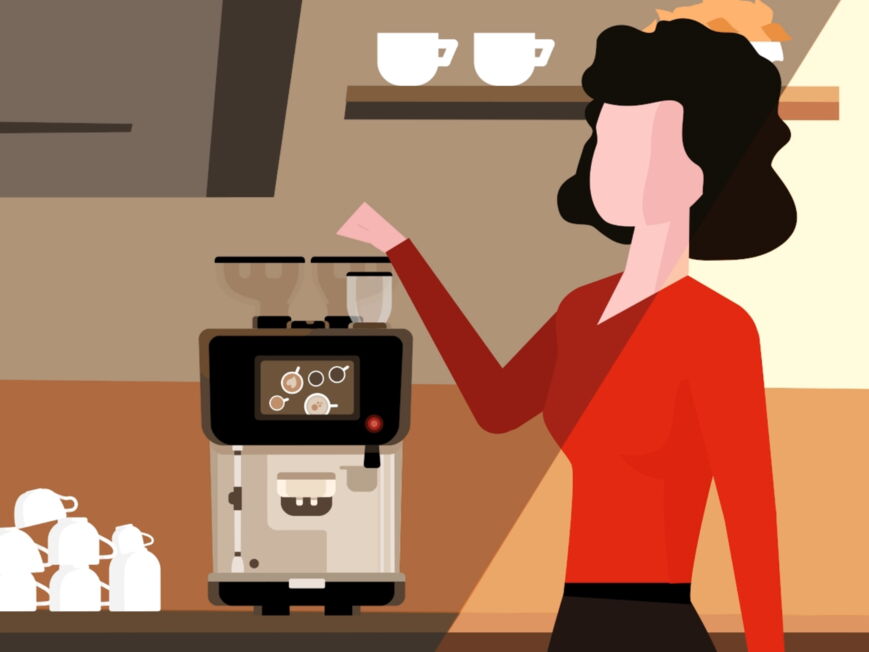 Illustration einer Frau, die die Vorteile eines Kaffeevollautomaten zeigt